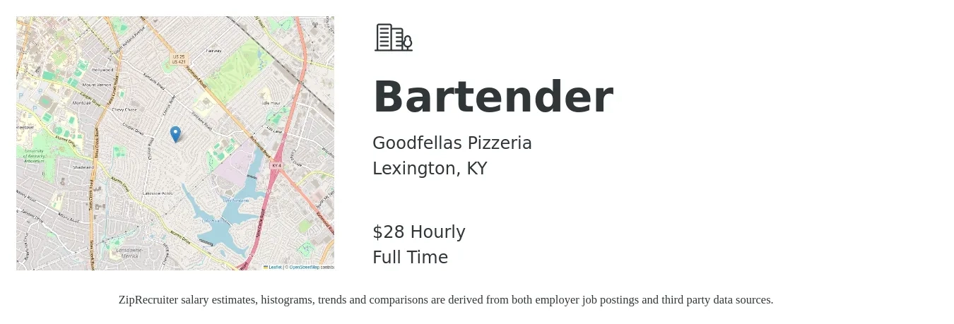 Goodfellas Pizzeria job posting for a Bartender in Lexington, KY with a salary of $30 Hourly with a map of Lexington location.