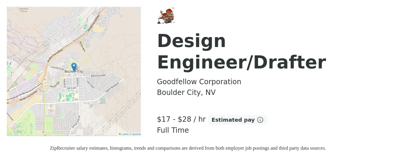 Goodfellow Corporation job posting for a Design Engineer/Drafter in Boulder City, NV with a salary of $18 to $30 Hourly with a map of Boulder City location.