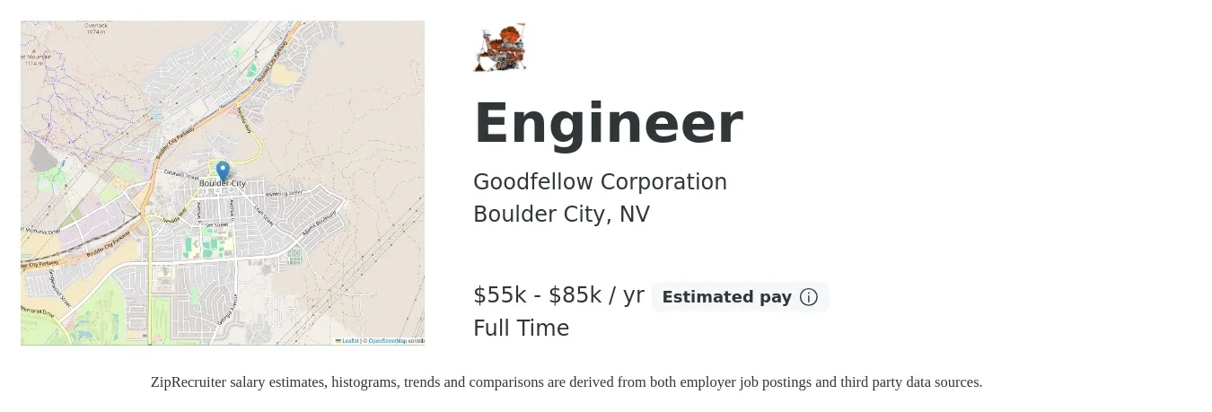Goodfellow Corporation job posting for a Engineer in Boulder City, NV with a salary of $55,000 to $85,000 Yearly with a map of Boulder City location.