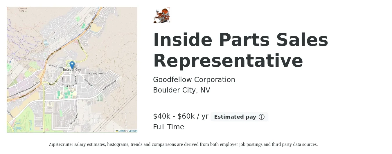 Goodfellow Corporation job posting for a Inside Parts Sales Representative in Boulder City, NV with a salary of $19 to $29 Hourly with a map of Boulder City location.