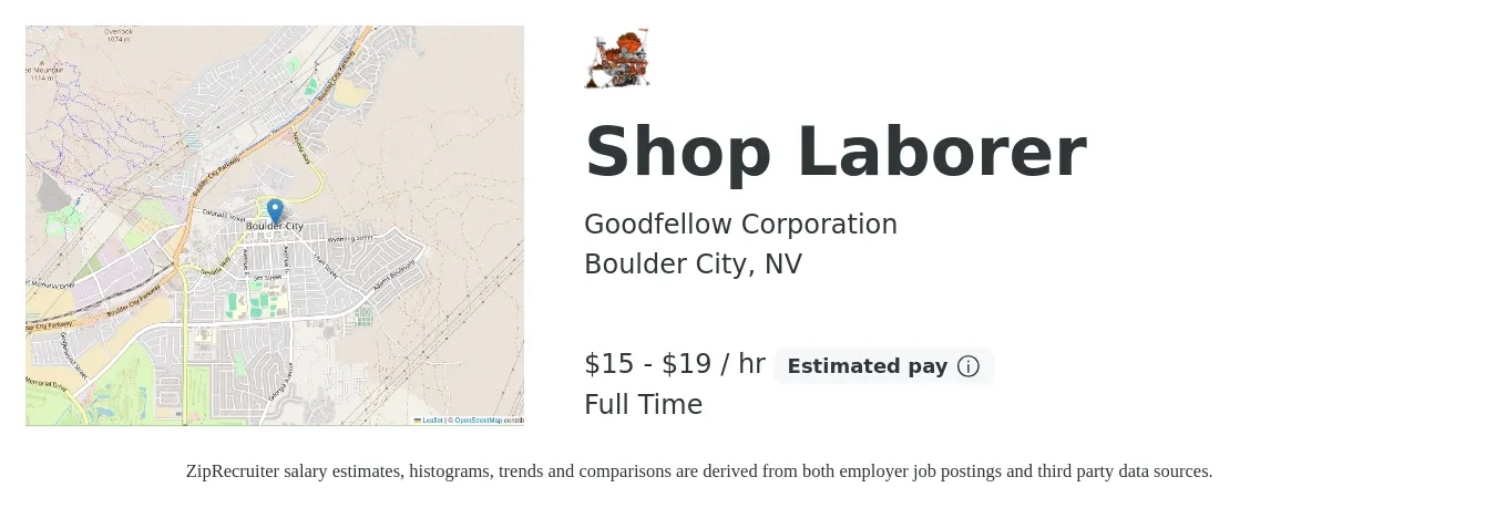 Goodfellow Corporation job posting for a Shop Laborer in Boulder City, NV with a salary of $16 to $20 Hourly with a map of Boulder City location.