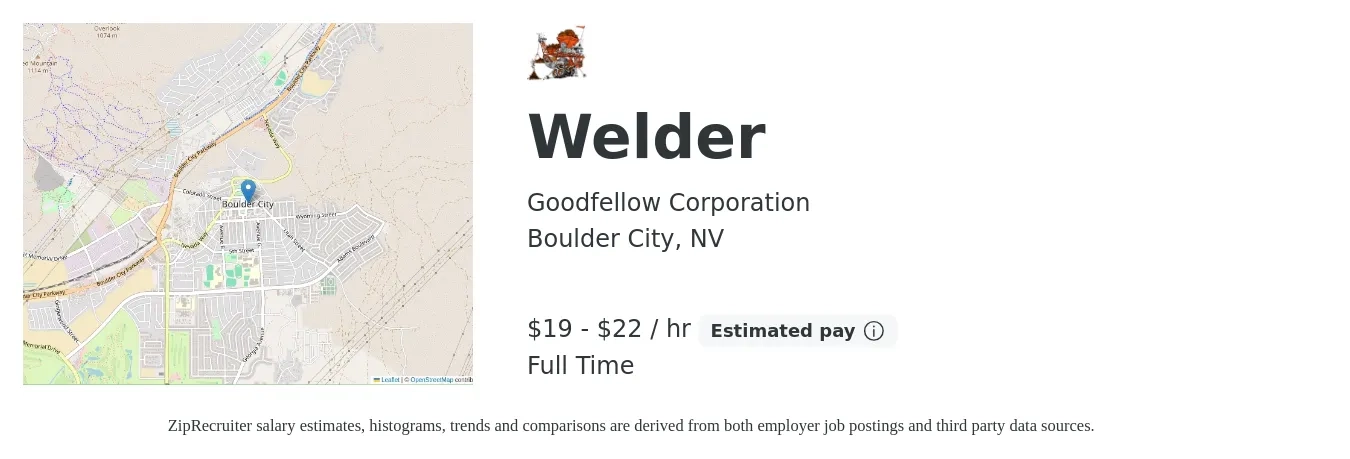 Goodfellow Corporation job posting for a Welder in Boulder City, NV with a salary of $20 to $23 Hourly with a map of Boulder City location.