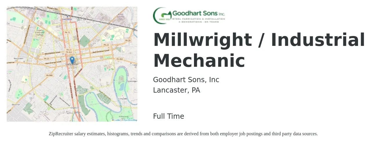 Goodhart Sons, Inc job posting for a Millwright / Industrial Mechanic in Lancaster, PA with a salary of $26 to $32 Hourly with a map of Lancaster location.