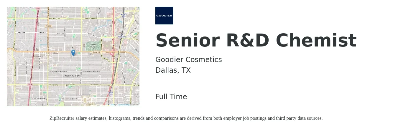 Goodier Cosmetics job posting for a Senior R&D Chemist in Dallas, TX with a salary of $61,300 to $90,100 Yearly with a map of Dallas location.