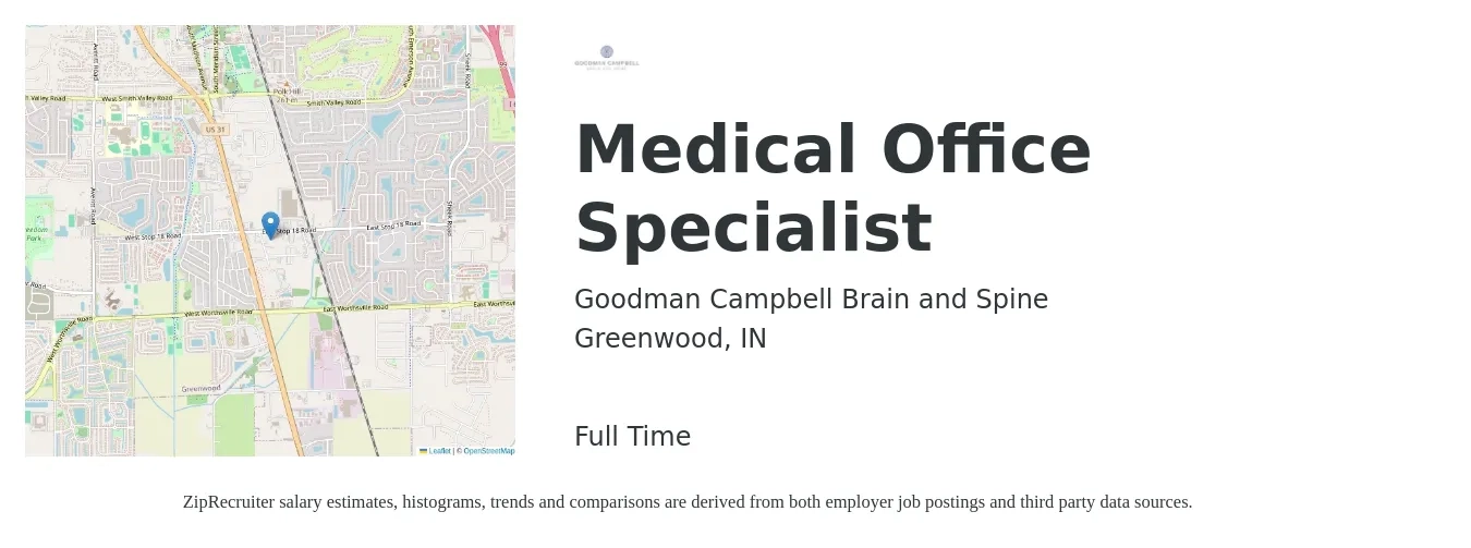 Goodman Campbell Brain and Spine job posting for a Medical Office Specialist in Greenwood, IN with a salary of $15 to $19 Hourly with a map of Greenwood location.