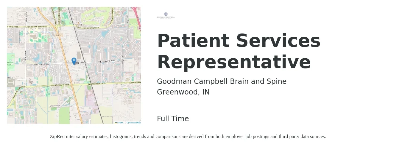 Goodman Campbell Brain and Spine job posting for a Patient Services Representative in Greenwood, IN with a salary of $16 to $21 Hourly with a map of Greenwood location.