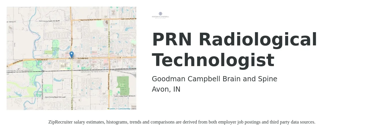 Goodman Campbell Brain and Spine job posting for a PRN Radiological Technologist in Avon, IN with a salary of $1,150 to $2,390 Weekly with a map of Avon location.