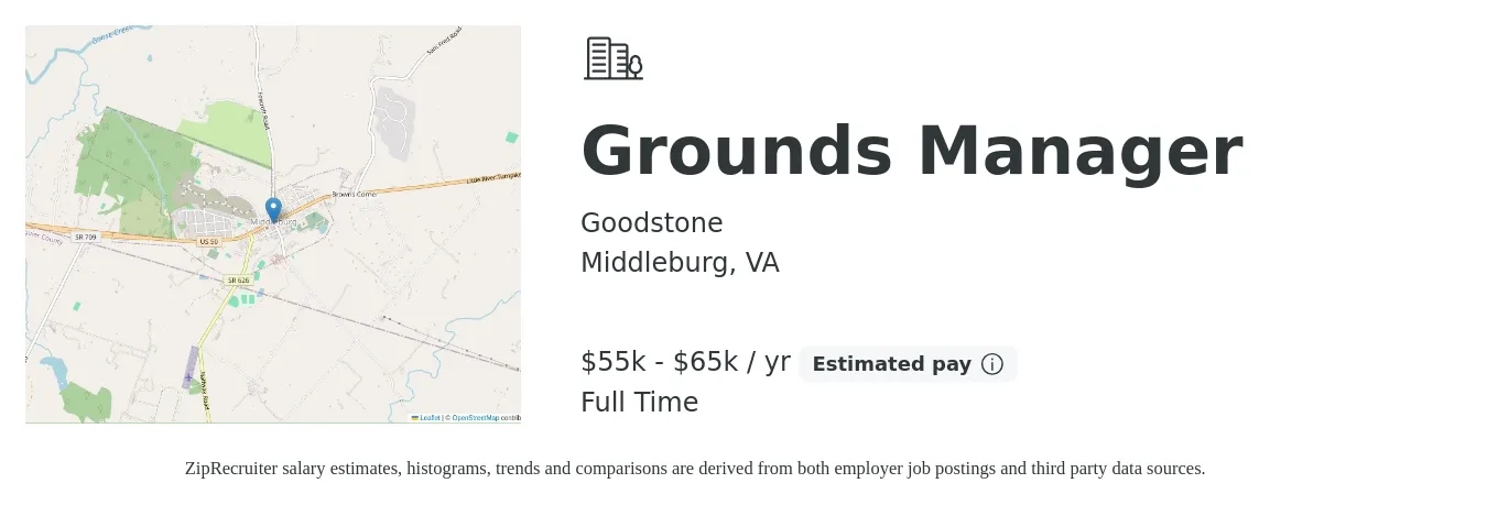 Goodstone job posting for a Grounds Manager in Middleburg, VA with a salary of $55,000 to $65,000 Yearly with a map of Middleburg location.