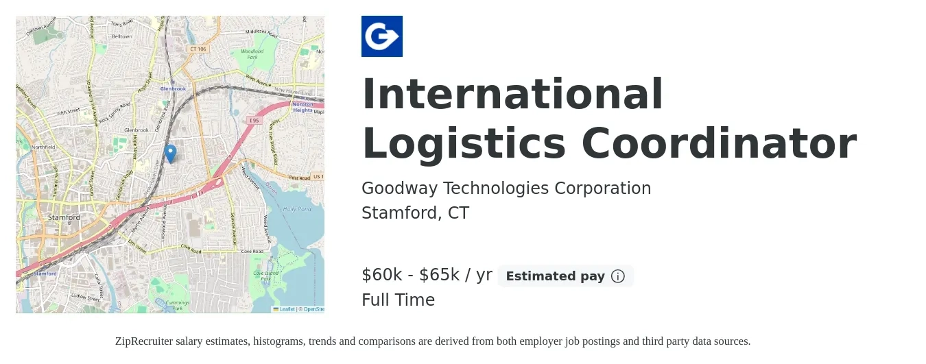 Goodway Technologies Corporation job posting for a International Logistics Coordinator in Stamford, CT with a salary of $60,000 to $65,000 Yearly with a map of Stamford location.
