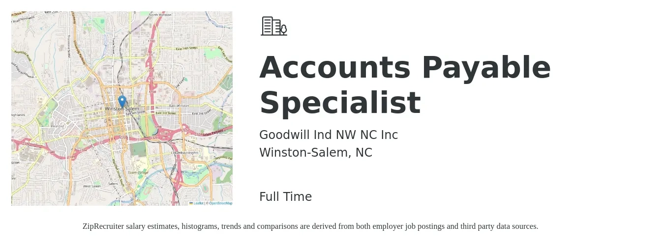Goodwill Ind NW NC Inc job posting for a Accounts Payable Specialist in Winston-Salem, NC with a salary of $20 to $25 Hourly with a map of Winston-Salem location.