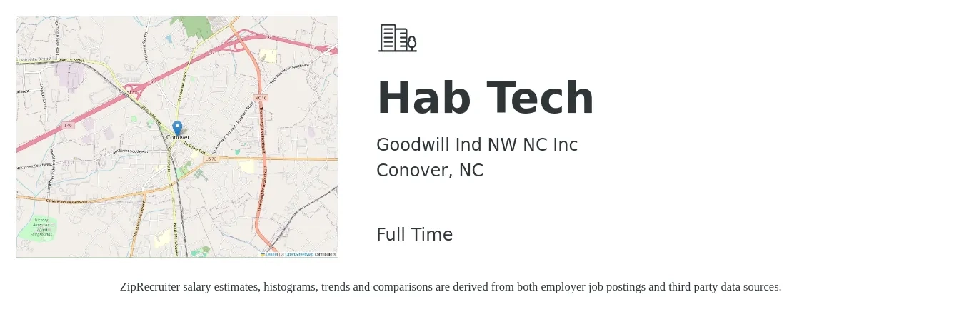 Goodwill Ind NW NC Inc job posting for a Hab Tech in Conover, NC with a map of Conover location.