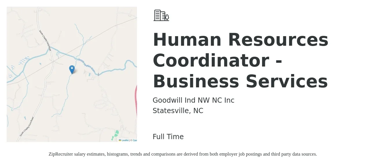 Goodwill Ind NW NC Inc job posting for a Human Resources Coordinator - Business Services in Statesville, NC with a salary of $19 to $24 Hourly with a map of Statesville location.
