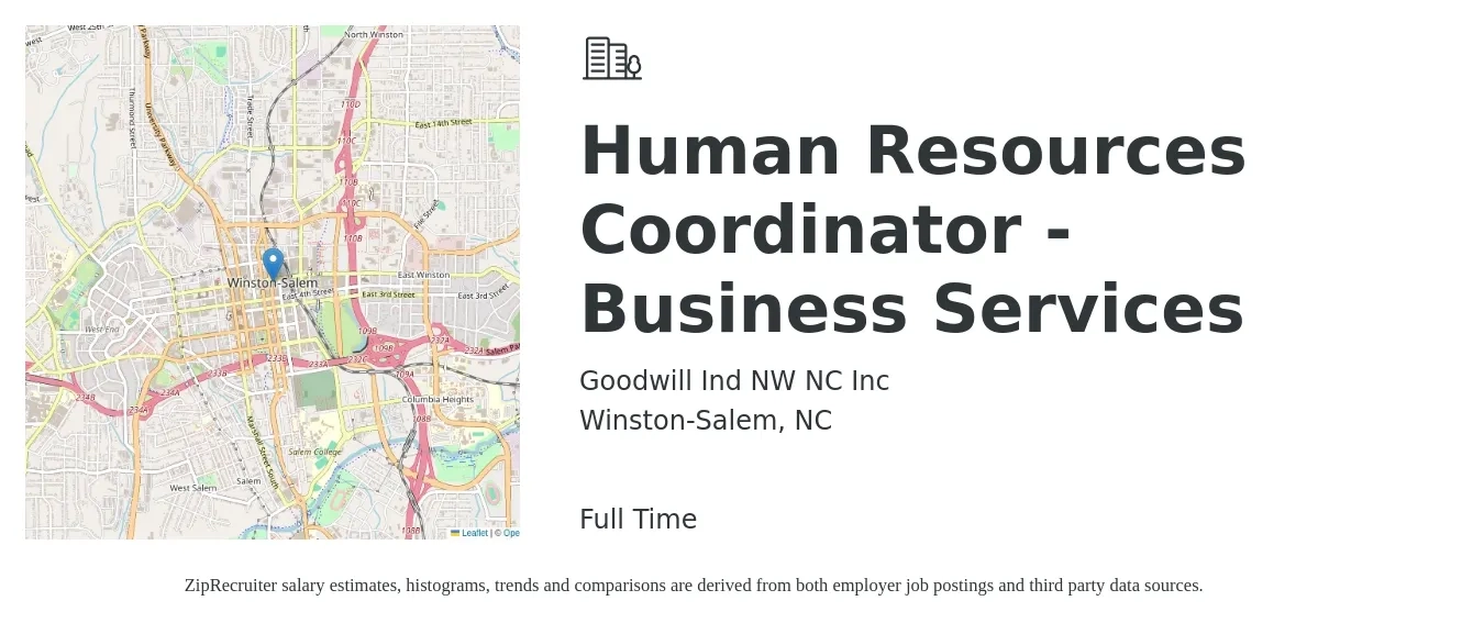 Goodwill Ind NW NC Inc job posting for a Human Resources Coordinator - Business Services in Winston-Salem, NC with a salary of $20 to $25 Hourly with a map of Winston-Salem location.
