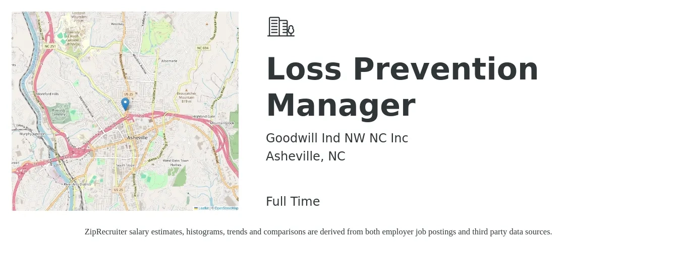 Goodwill Ind NW NC Inc job posting for a Loss Prevention Manager in Asheville, NC with a salary of $49,200 to $67,100 Yearly with a map of Asheville location.
