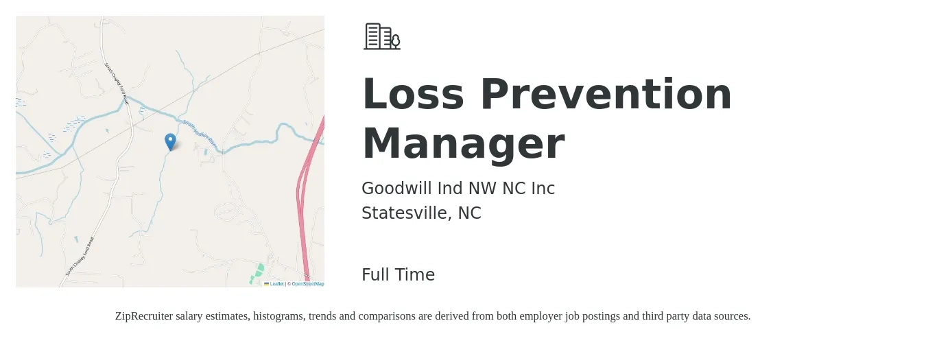 Goodwill Ind NW NC Inc job posting for a Loss Prevention Manager in Statesville, NC with a salary of $46,400 to $63,400 Yearly with a map of Statesville location.