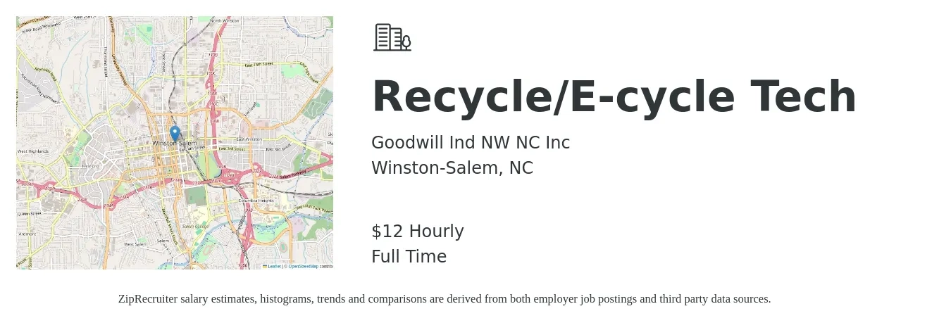 Goodwill Ind NW NC Inc job posting for a Recycle/E-cycle Tech in Winston-Salem, NC with a salary of $14 Hourly with a map of Winston-Salem location.
