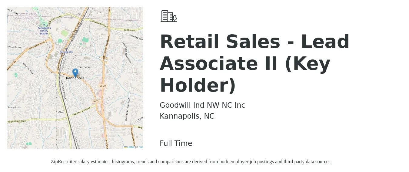 Goodwill Ind NW NC Inc job posting for a Retail Sales - Lead Associate II (Key Holder) in Kannapolis, NC with a salary of $17 to $19 Hourly with a map of Kannapolis location.