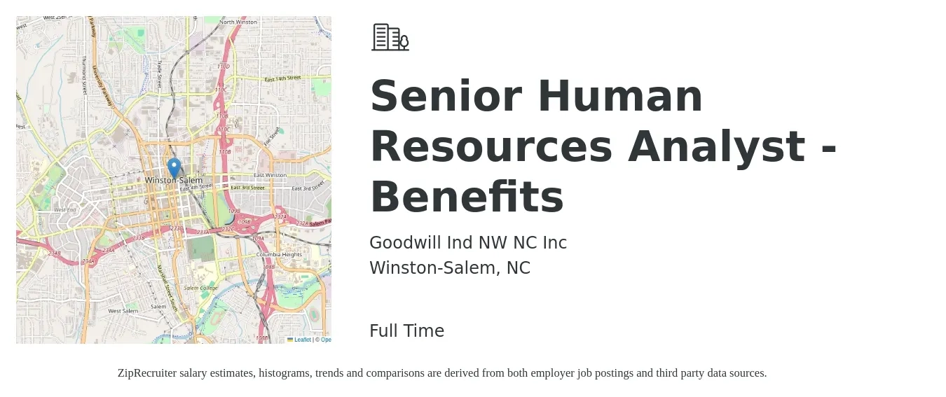 Goodwill Ind NW NC Inc job posting for a Senior Human Resources Analyst - Benefits in Winston-Salem, NC with a salary of $66,400 to $87,200 Yearly with a map of Winston-Salem location.