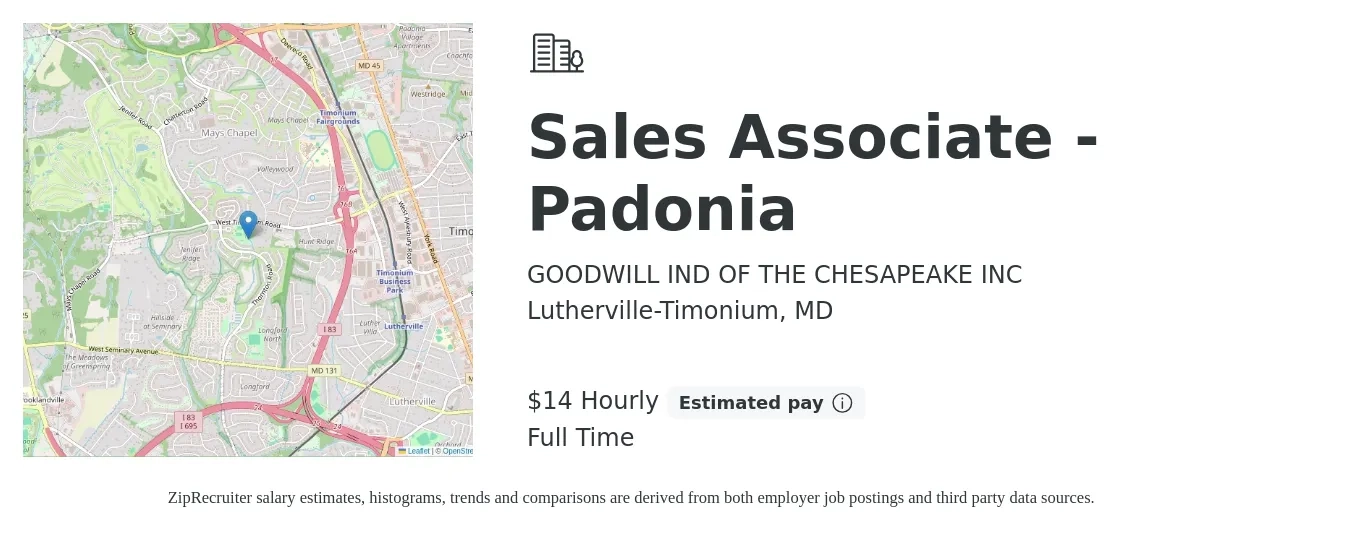 GOODWILL IND of THE CHESAPEAKE, Inc. job posting for a Sales Associate - Padonia in Lutherville-Timonium, MD with a salary of $14 to $18 Hourly with a map of Lutherville-Timonium location.
