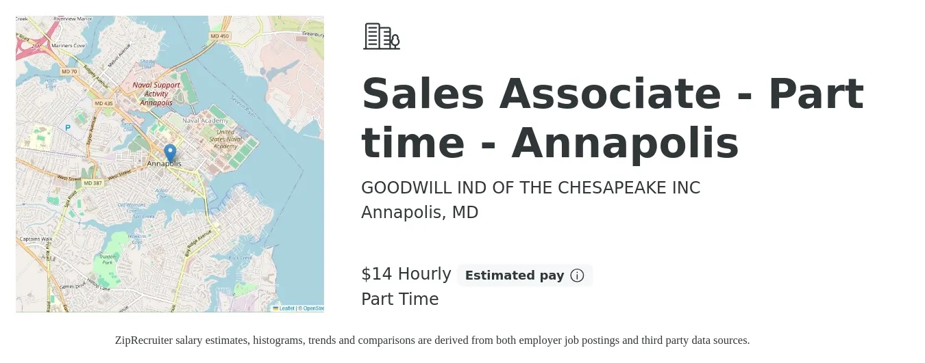 GOODWILL IND OF THE CHESAPEAKE INC job posting for a Sales Associate - Part time - Annapolis in Annapolis, MD with a salary of $15 Hourly with a map of Annapolis location.