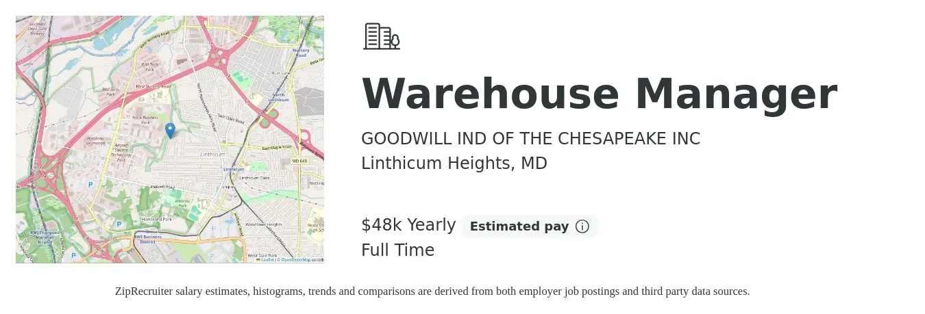 GOODWILL IND OF THE CHESAPEAKE INC job posting for a Warehouse Manager in Linthicum Heights, MD with a salary of $48,547 Yearly with a map of Linthicum Heights location.