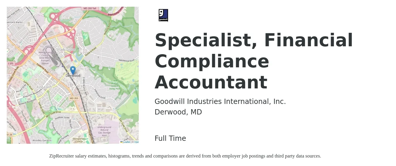 Goodwill Industries International, Inc. job posting for a Specialist, Financial Compliance Accountant in Derwood, MD with a salary of $59,200 to $81,700 Yearly with a map of Derwood location.