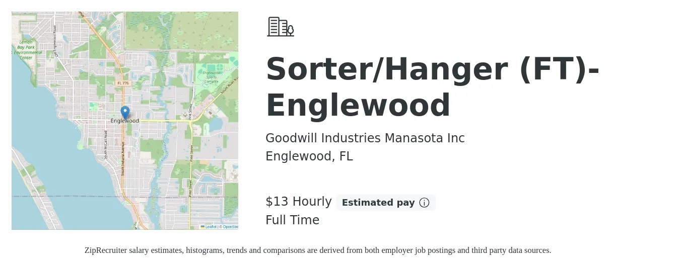 Goodwill Industries Manasota Inc job posting for a Sorter/Hanger (FT)- Englewood in Englewood, FL with a salary of $14 Hourly with a map of Englewood location.