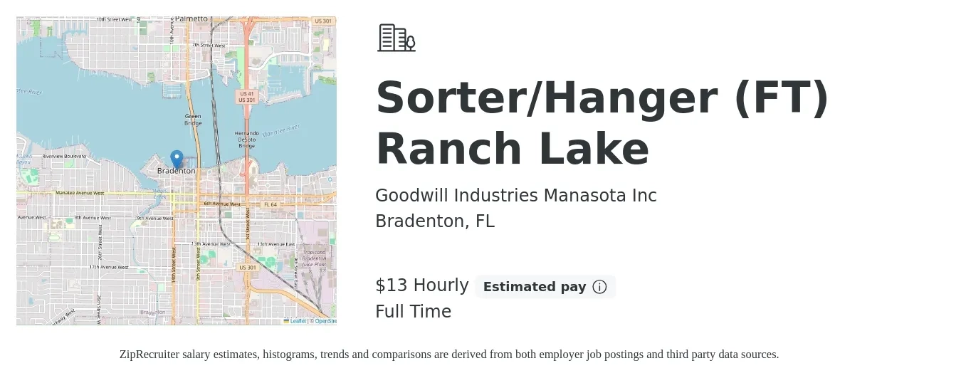 Goodwill Industries Manasota Inc job posting for a Sorter/Hanger (FT) Ranch Lake in Bradenton, FL with a salary of $14 Hourly with a map of Bradenton location.