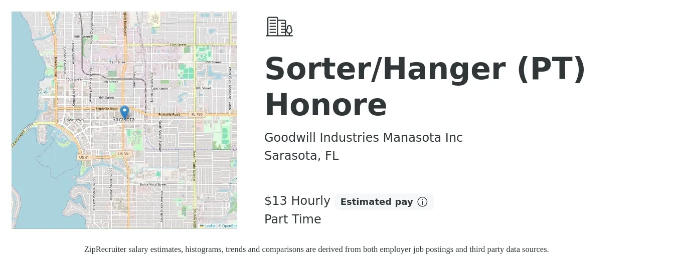 Goodwill Industries Manasota Inc job posting for a Sorter/Hanger (PT) Honore in Sarasota, FL with a salary of $14 Hourly with a map of Sarasota location.