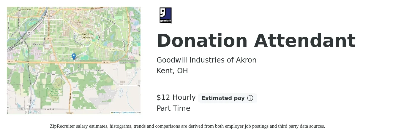 Goodwill Industries of Akron job posting for a Donation Attendant in Kent, OH with a salary of $12 to $14 Hourly with a map of Kent location.