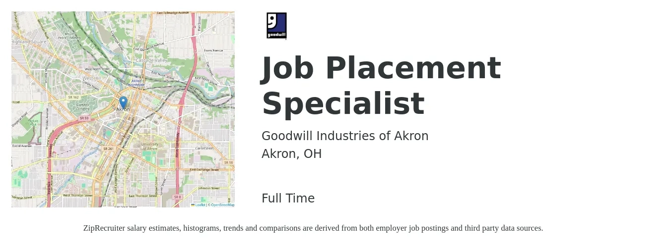 Goodwill Industries of Akron job posting for a Job Placement Specialist in Akron, OH with a salary of $18 to $29 Hourly with a map of Akron location.