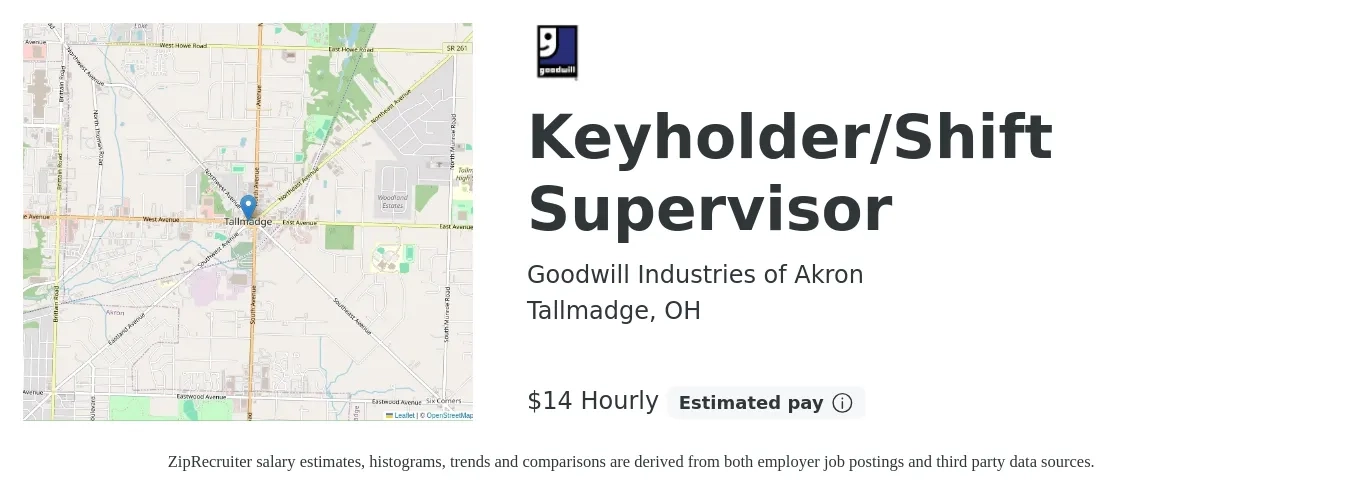Goodwill Industries of Akron job posting for a Keyholder/Shift Supervisor in Tallmadge, OH with a salary of $13 to $16 Hourly with a map of Tallmadge location.