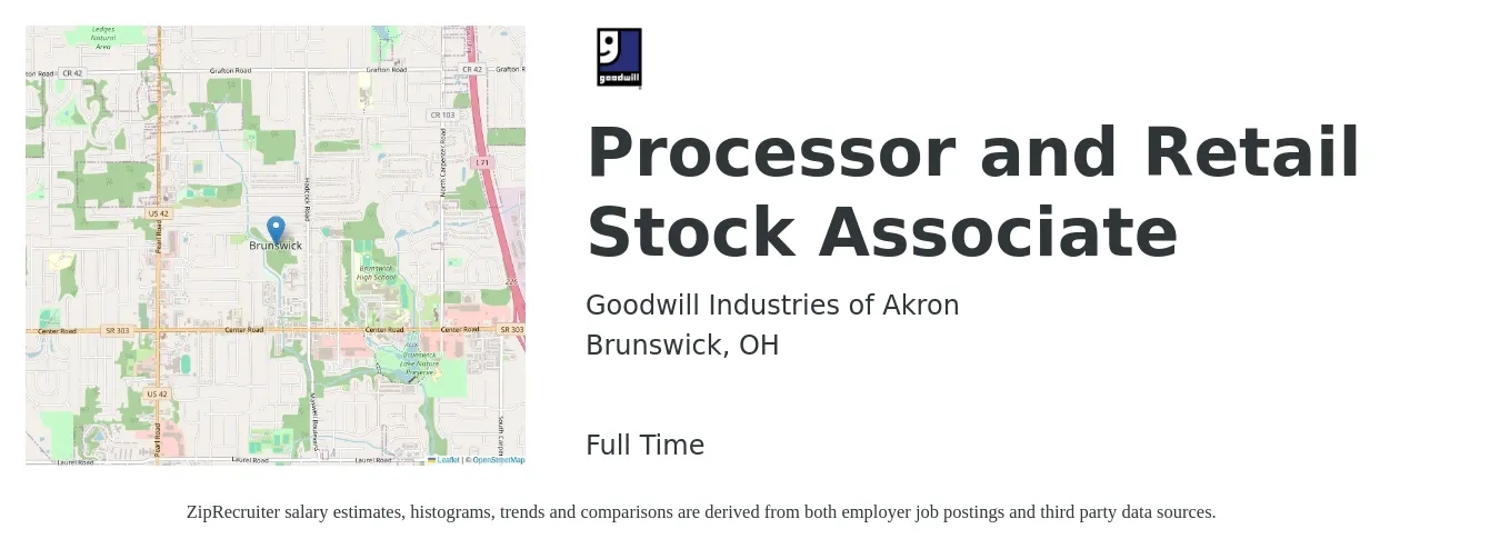 Goodwill Industries of Akron job posting for a Processor and Retail Stock Associate in Brunswick, OH with a salary of $14 to $16 Hourly with a map of Brunswick location.