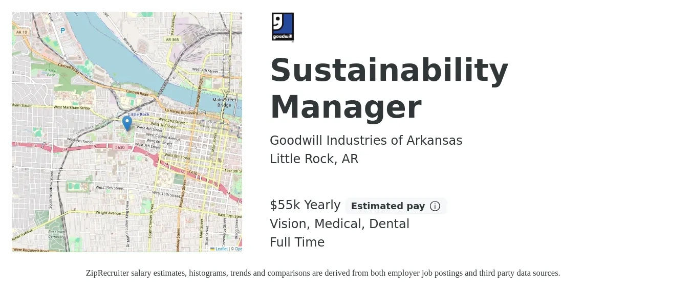 Goodwill Industries of Arkansas job posting for a Sustainability Manager in Little Rock, AR with a salary of $55,000 Yearly and benefits including dental, life_insurance, medical, retirement, and vision with a map of Little Rock location.
