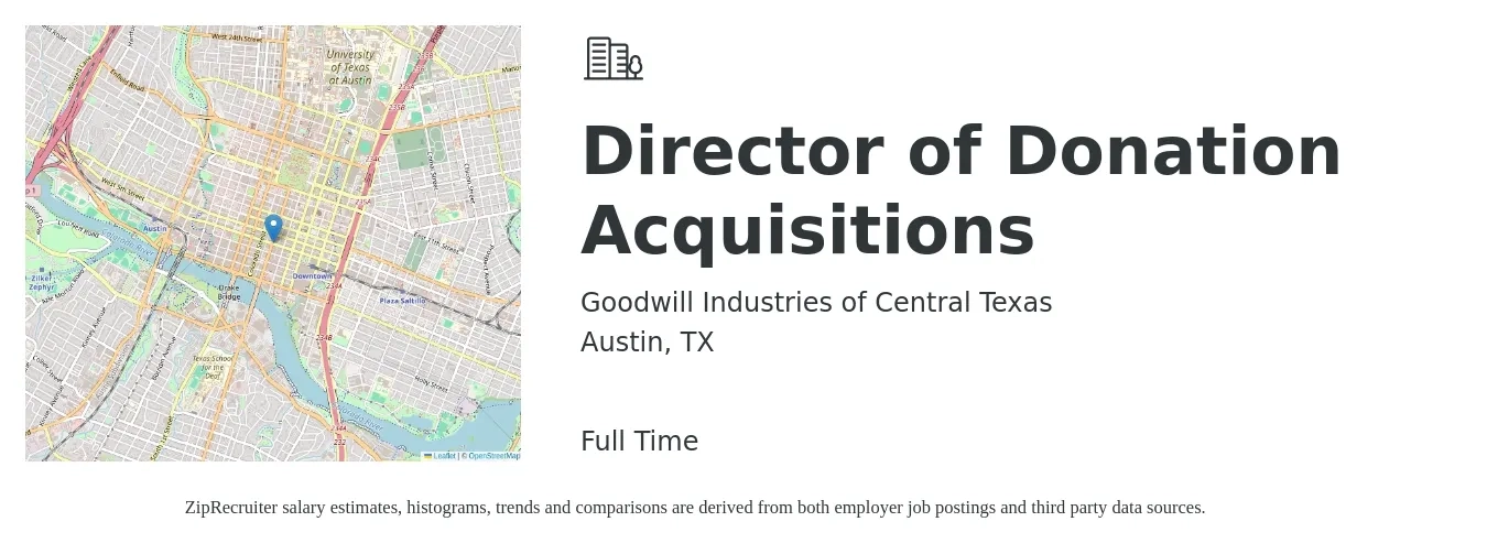 Goodwill Industries of Central Texas job posting for a Director of Donation Acquisitions in Austin, TX with a salary of $184,600 to $185,100 Yearly with a map of Austin location.