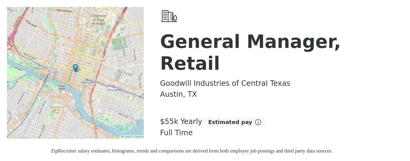 Goodwill Industries of Central Texas job posting for a General Manager, Retail in Austin, TX with a salary of $55,000 Yearly with a map of Austin location.
