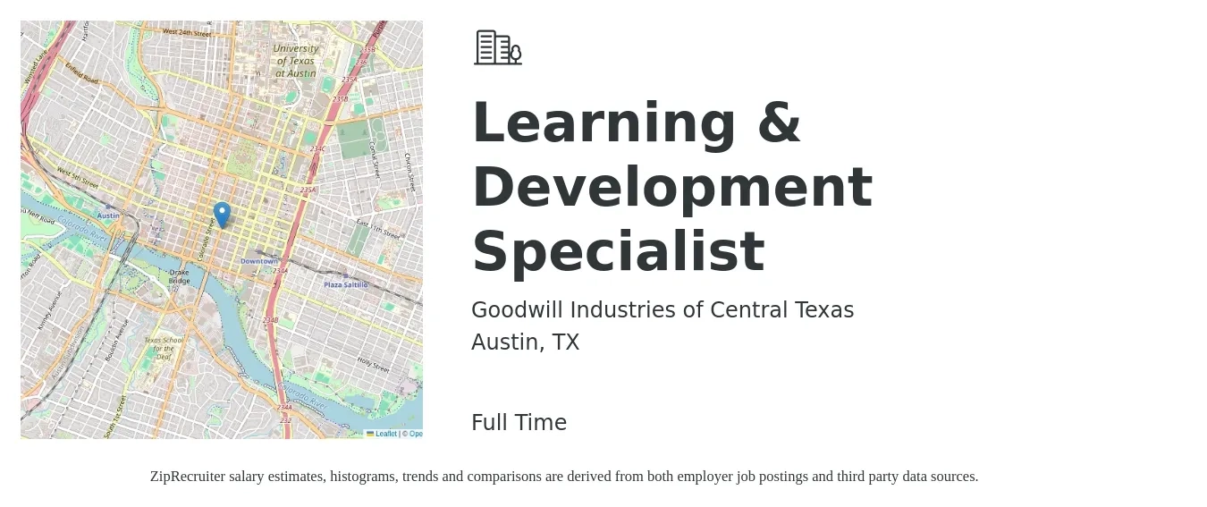 Goodwill Industries of Central Texas job posting for a Learning & Development Specialist in Austin, TX with a salary of $27 to $40 Hourly with a map of Austin location.