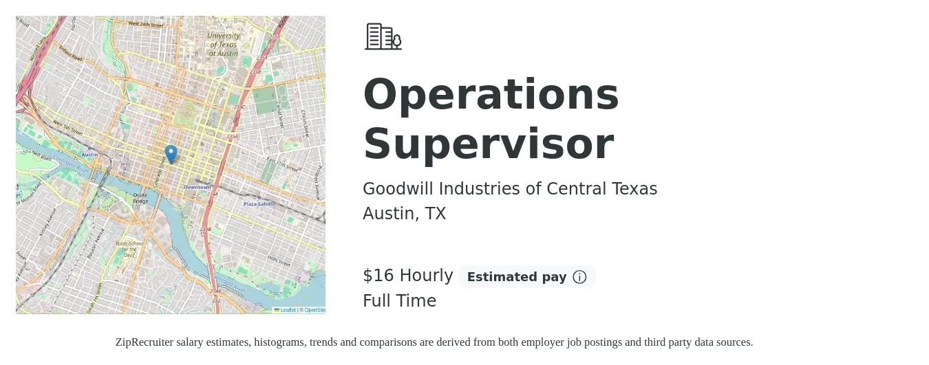 Goodwill Industries of Central Texas job posting for a Operations Supervisor in Austin, TX with a salary of $18 Hourly with a map of Austin location.
