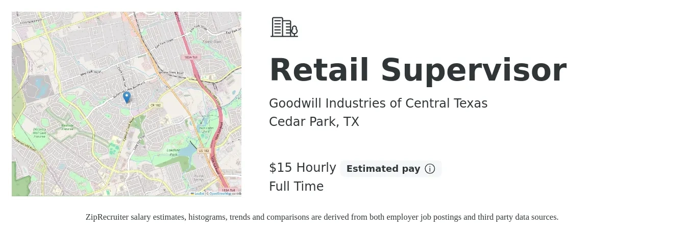 Goodwill Industries of Central Texas job posting for a Retail Supervisor in Cedar Park, TX with a salary of $16 Hourly with a map of Cedar Park location.