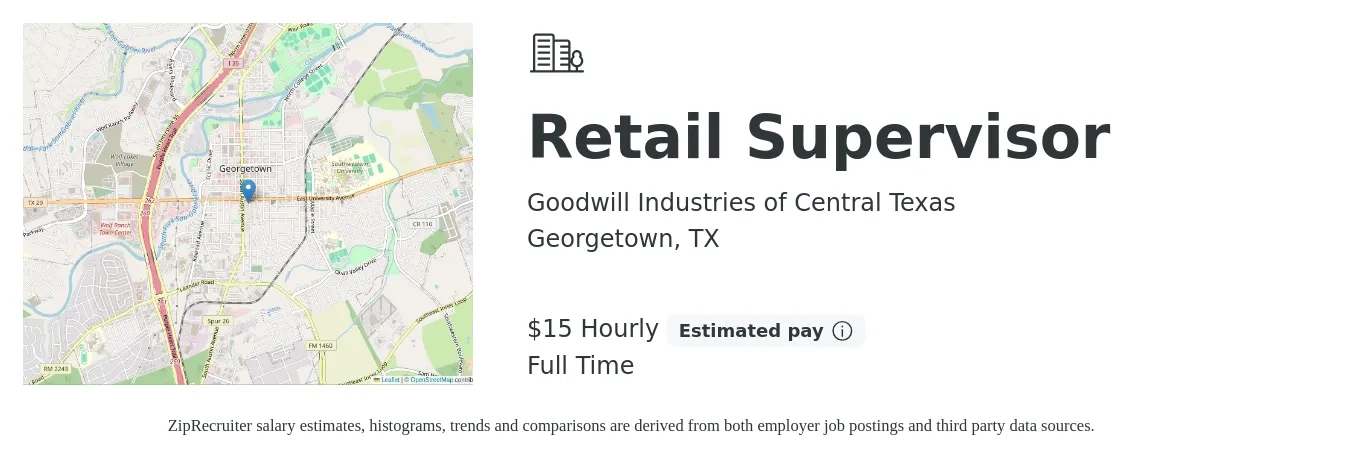 Goodwill Industries of Central Texas job posting for a Retail Supervisor in Georgetown, TX with a salary of $16 Hourly with a map of Georgetown location.