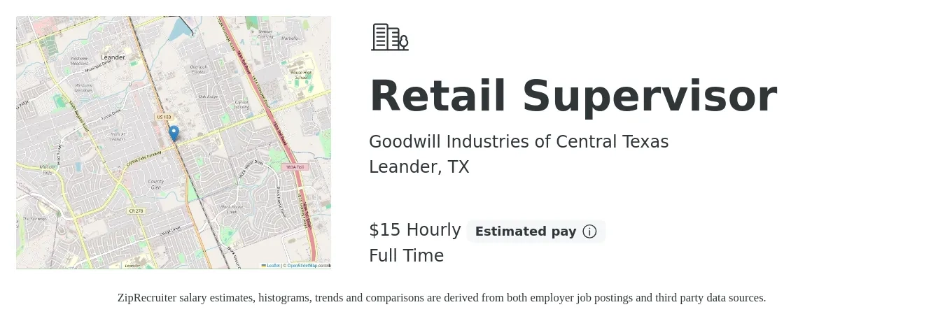 Goodwill Industries of Central Texas job posting for a Retail Supervisor in Leander, TX with a salary of $16 Hourly with a map of Leander location.