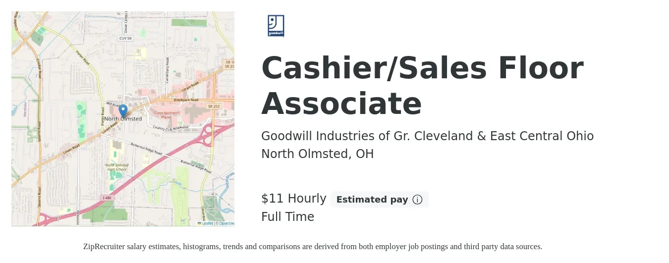 Goodwill Industries of Gr. Cleveland & East Central Ohio job posting for a Cashier/Sales Floor Associate in North Olmsted, OH with a salary of $12 Yearly with a map of North Olmsted location.