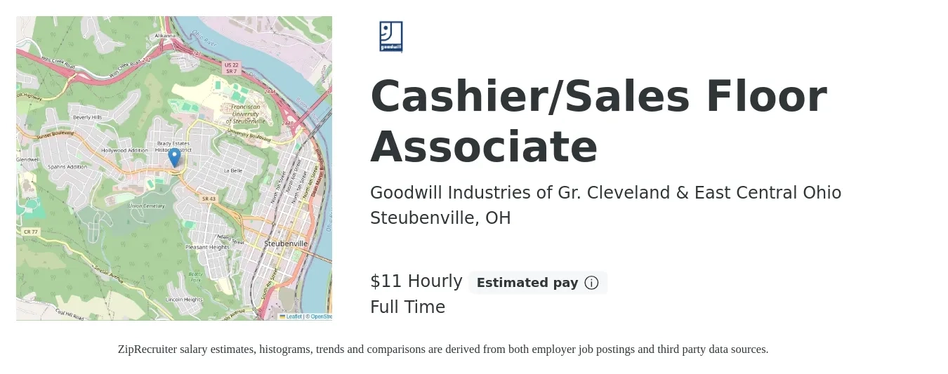 Goodwill Industries of Gr. Cleveland & East Central Ohio job posting for a Cashier/Sales Floor Associate in Steubenville, OH with a salary of $12 Yearly with a map of Steubenville location.