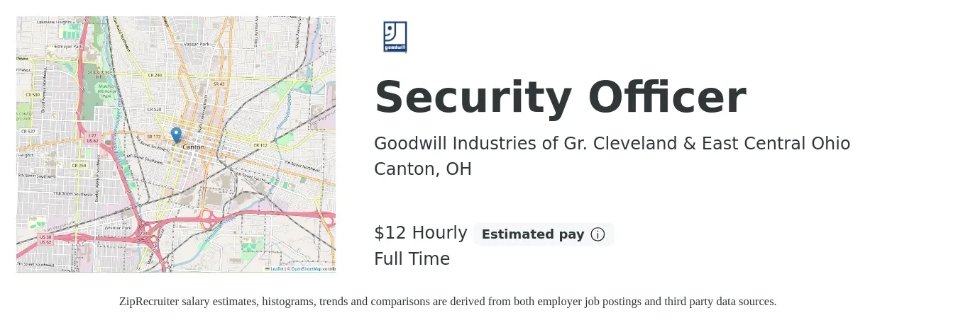 Goodwill Industries of Gr. Cleveland & East Central Ohio job posting for a Security Officer in Canton, OH with a salary of $12 to $13 Hourly with a map of Canton location.