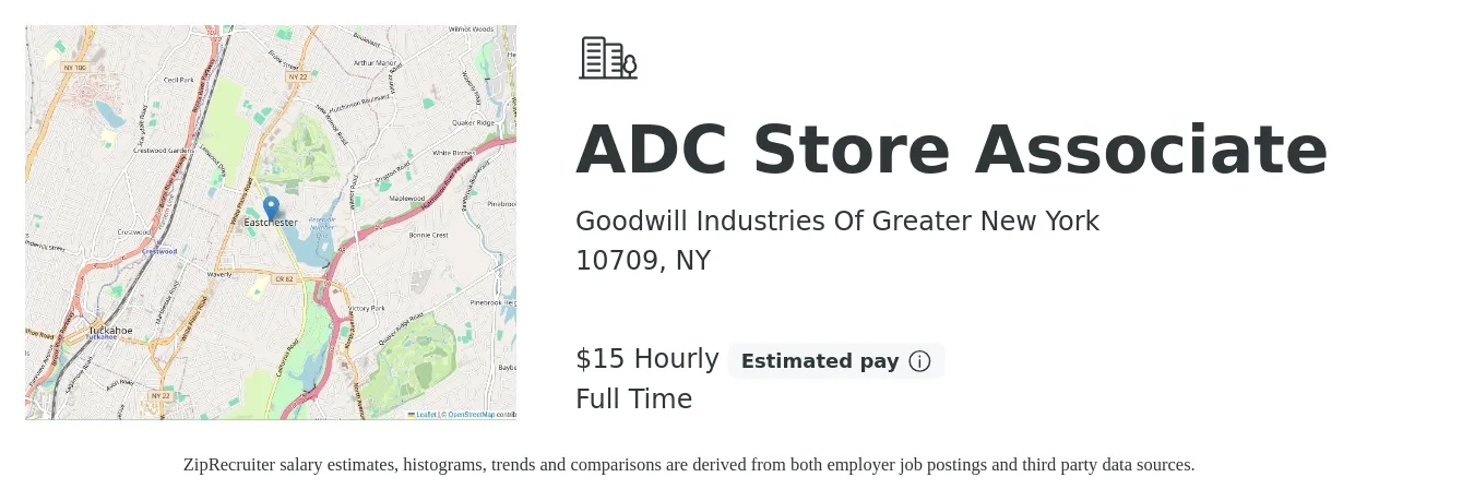 Goodwill Industries Of Greater New York job posting for a ADC Store Associate in 10709, NY with a salary of $16 Hourly with a map of 10709 location.