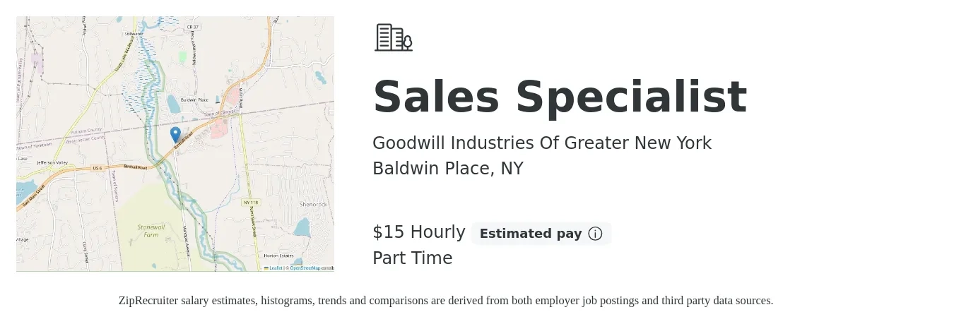 Goodwill Industries Of Greater New York job posting for a Sales Specialist in Baldwin Place, NY with a salary of $16 Hourly with a map of Baldwin Place location.