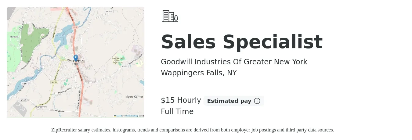 Goodwill Industries Of Greater New York job posting for a Sales Specialist in Wappingers Falls, NY with a salary of $16 Hourly with a map of Wappingers Falls location.