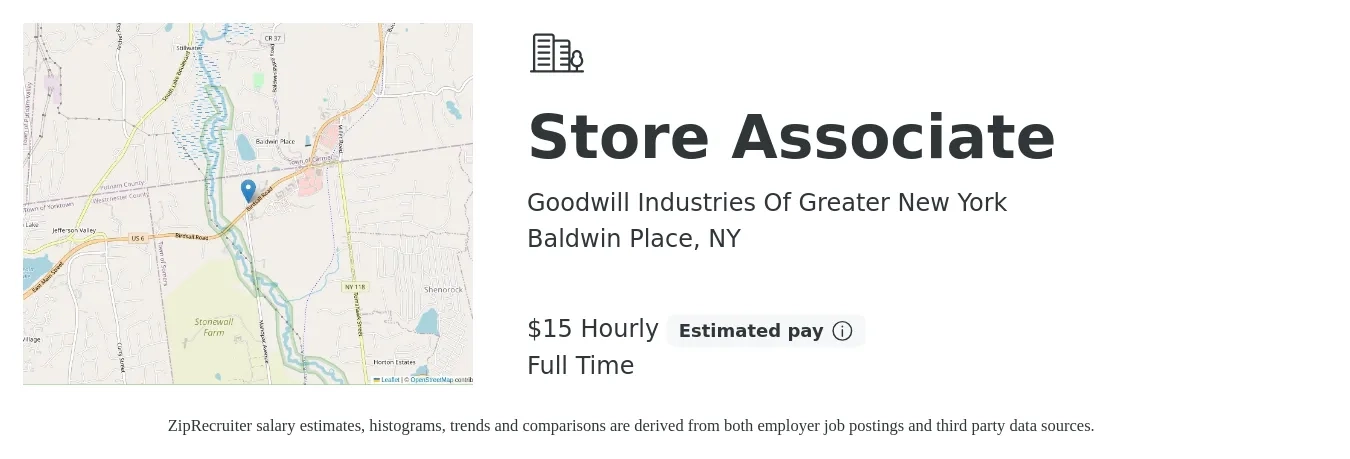 Goodwill Industries Of Greater New York job posting for a Store Associate in Baldwin Place, NY with a salary of $16 Yearly with a map of Baldwin Place location.