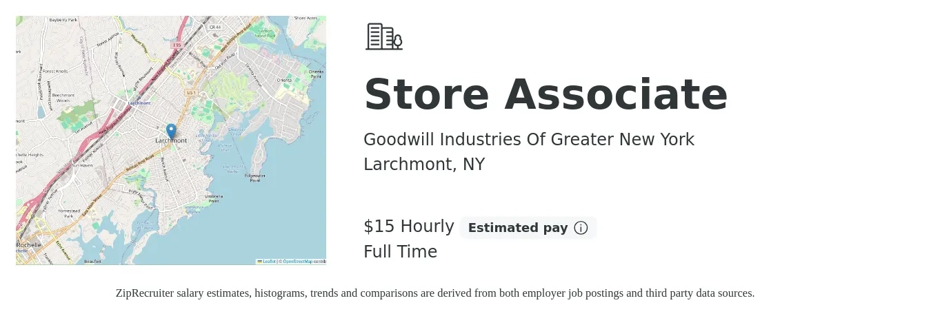 Goodwill Industries Of Greater New York job posting for a Store Associate in Larchmont, NY with a salary of $16 Hourly with a map of Larchmont location.