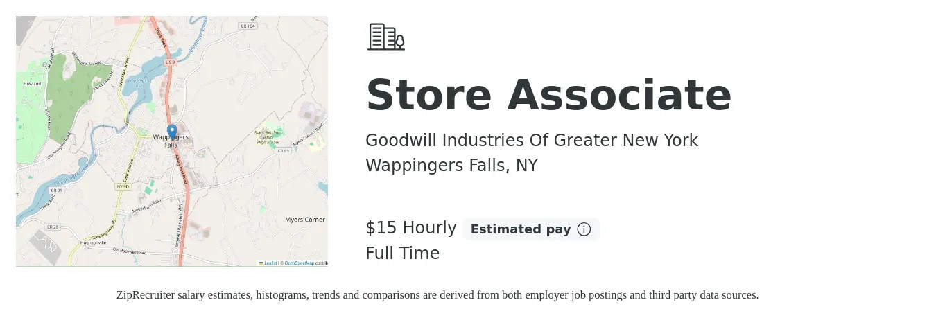 Goodwill Industries Of Greater New York job posting for a Store Associate in Wappingers Falls, NY with a salary of $16 Hourly with a map of Wappingers Falls location.